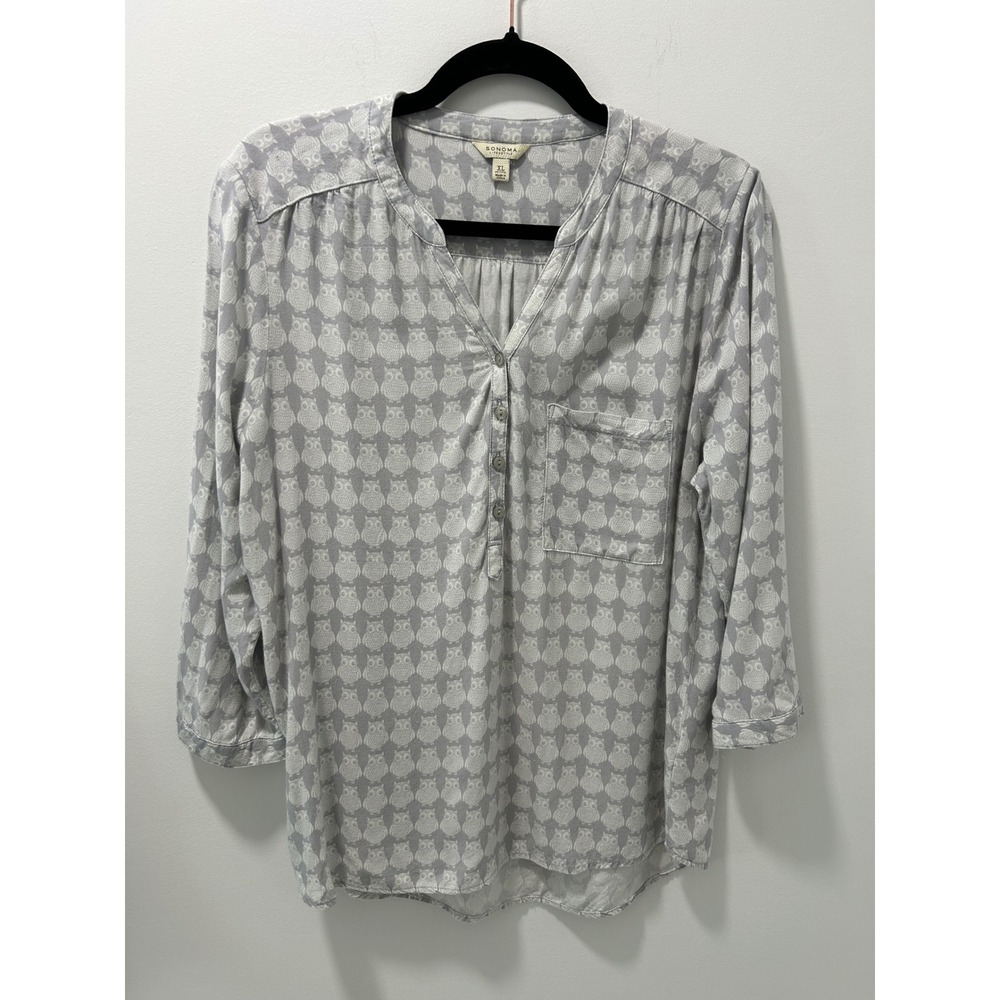 Sonoma Life Style Womens XL Petite Grey Owl Print Rayon Blouse 3/4 Sleeve Top
